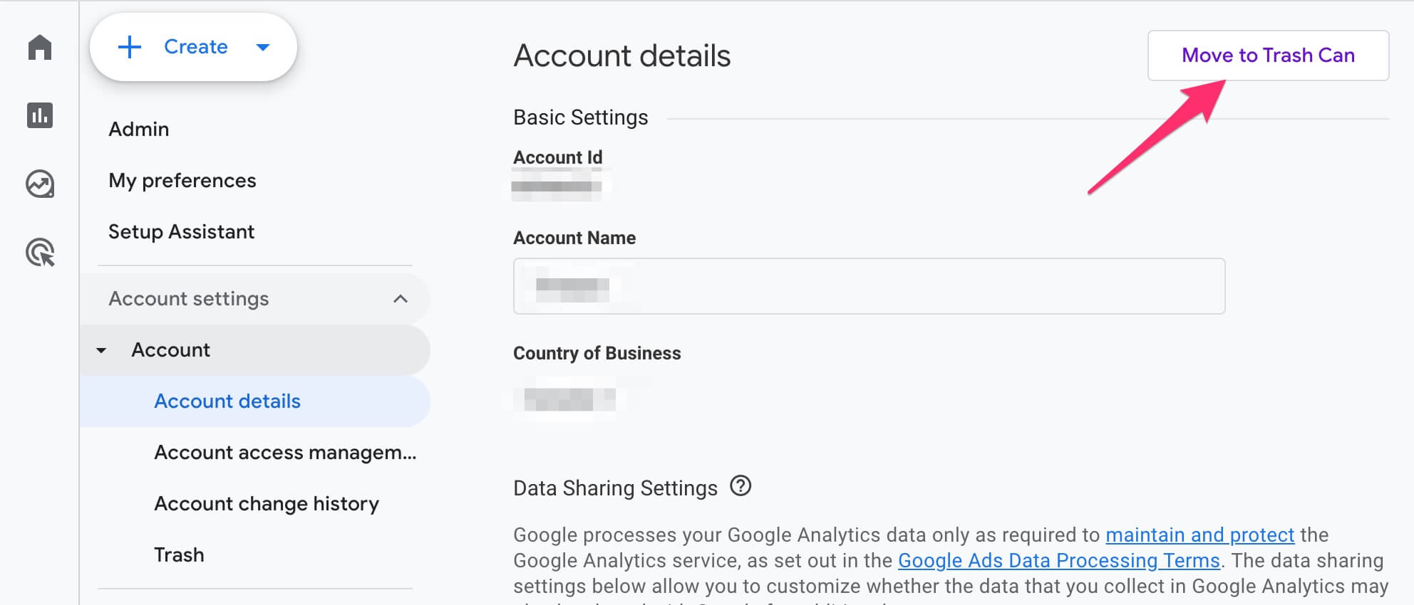 A screenshot of the Google Analytics account details