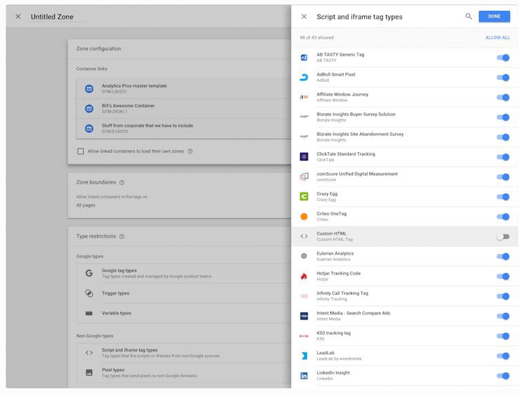 A screenshot of script and iframe tag types in Google Tag Manager