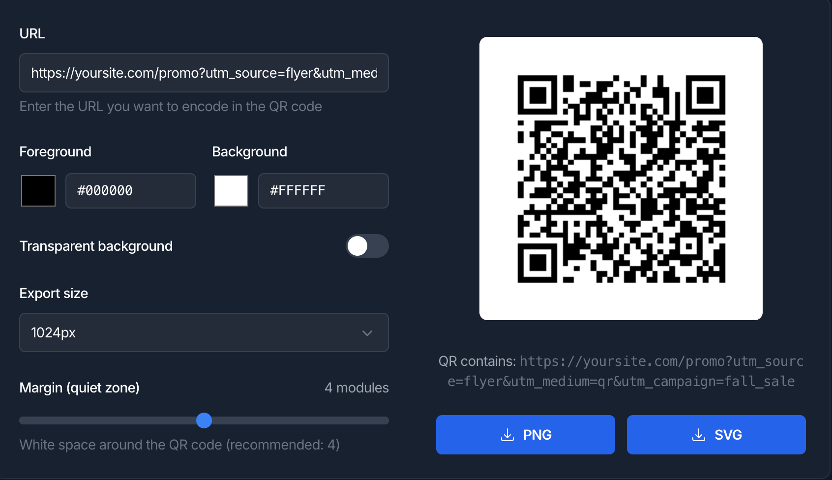 A screenshot of GoodMetrics' QR Code Generator with a completed QR code