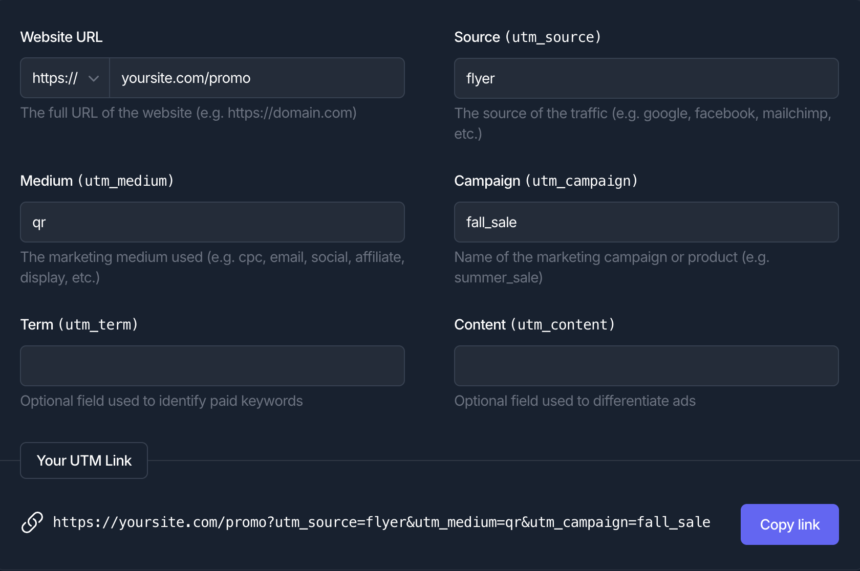 A screenshot of GoodMetrics' UTM builder with a completed URL containtaining UTM paramaters for QR code tracking purposes